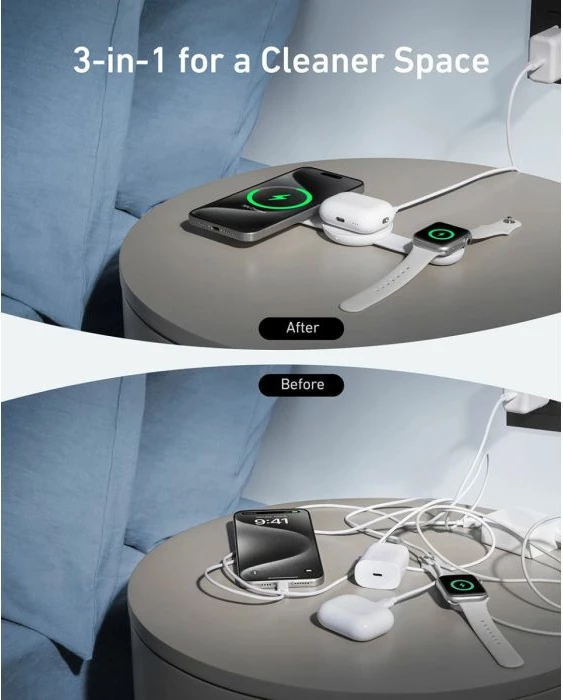 Stacion karikimi wireless Anker MagGo 3-në-1 Qi2 15W palosës me adapter 40W + kabllo USB-C në USB-C 1.5m, bardhë