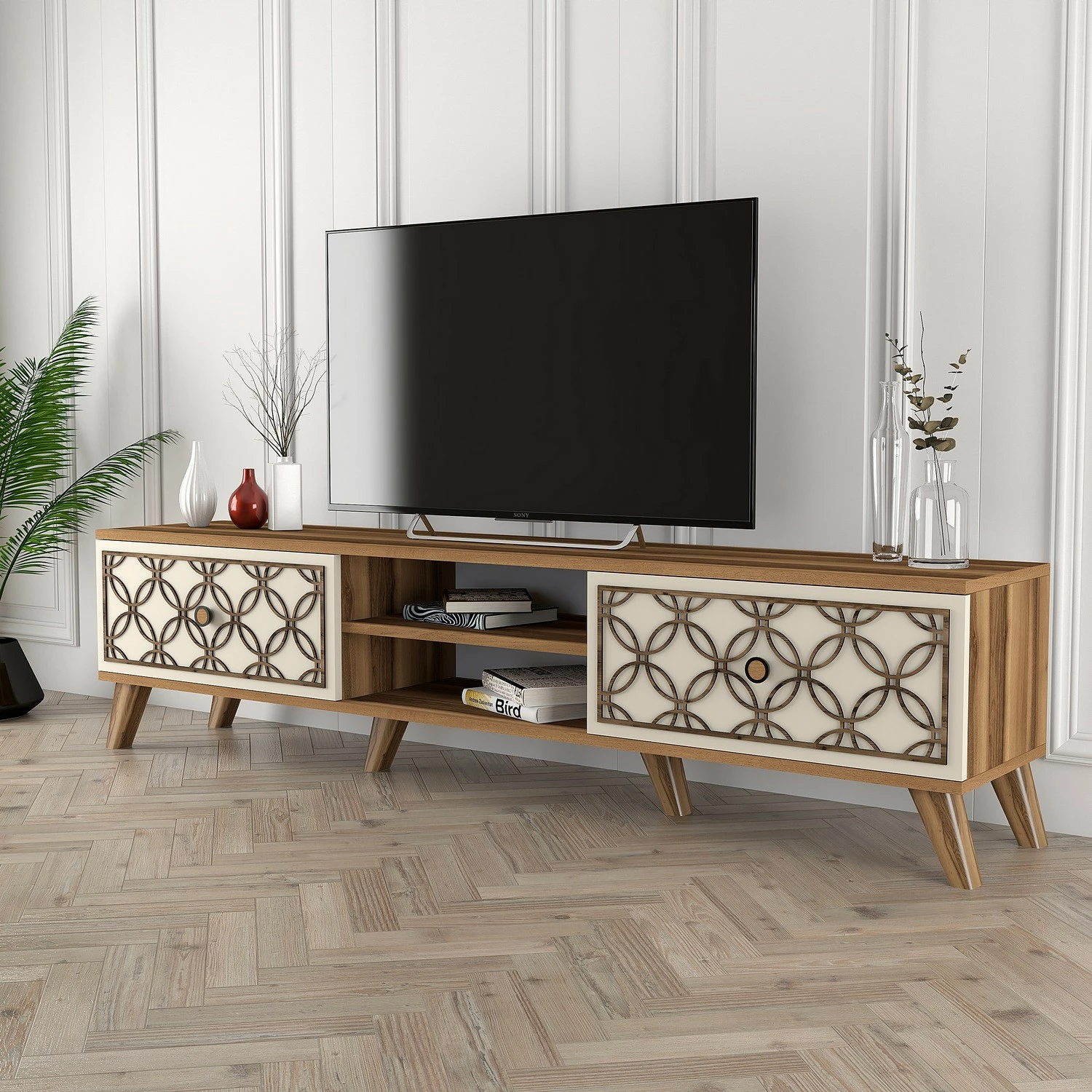 Komodë TV Hanah Home, Class, ngjyrë arre dhe krem