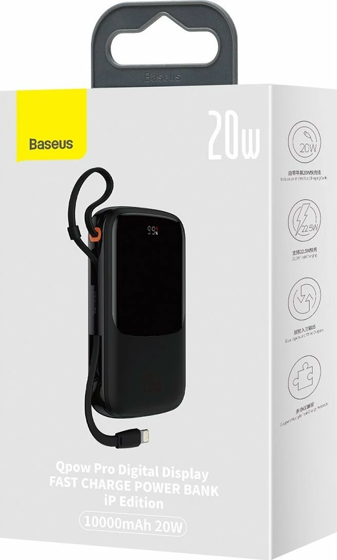 Powerbank Baseus Qpow Pro Overseas Edition 10000mAh 20W me kabllo Lightning, me ekran, e zezë 2