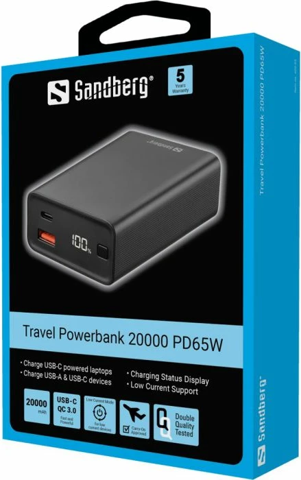 Powerbank Sandberg Travel 420-95 20000 mAh PD 65W, e zezë, set me kabllo USB-C