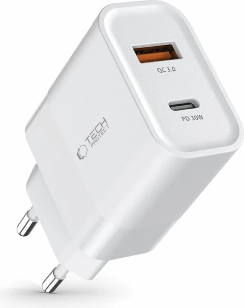 Karikues rrjeti Tech-Protect C30W, 30W, 2 porta USB-C PD & USB-A QC 3.0, i bardhë