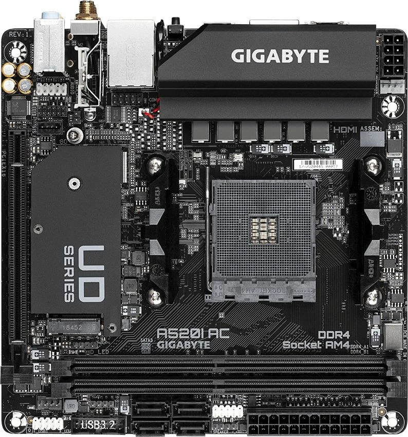 Pllakë amë Gigabyte A520I AC Mini-ITX, DDR4 deri 64GB, Wi‑Fi 5/Bluetooth