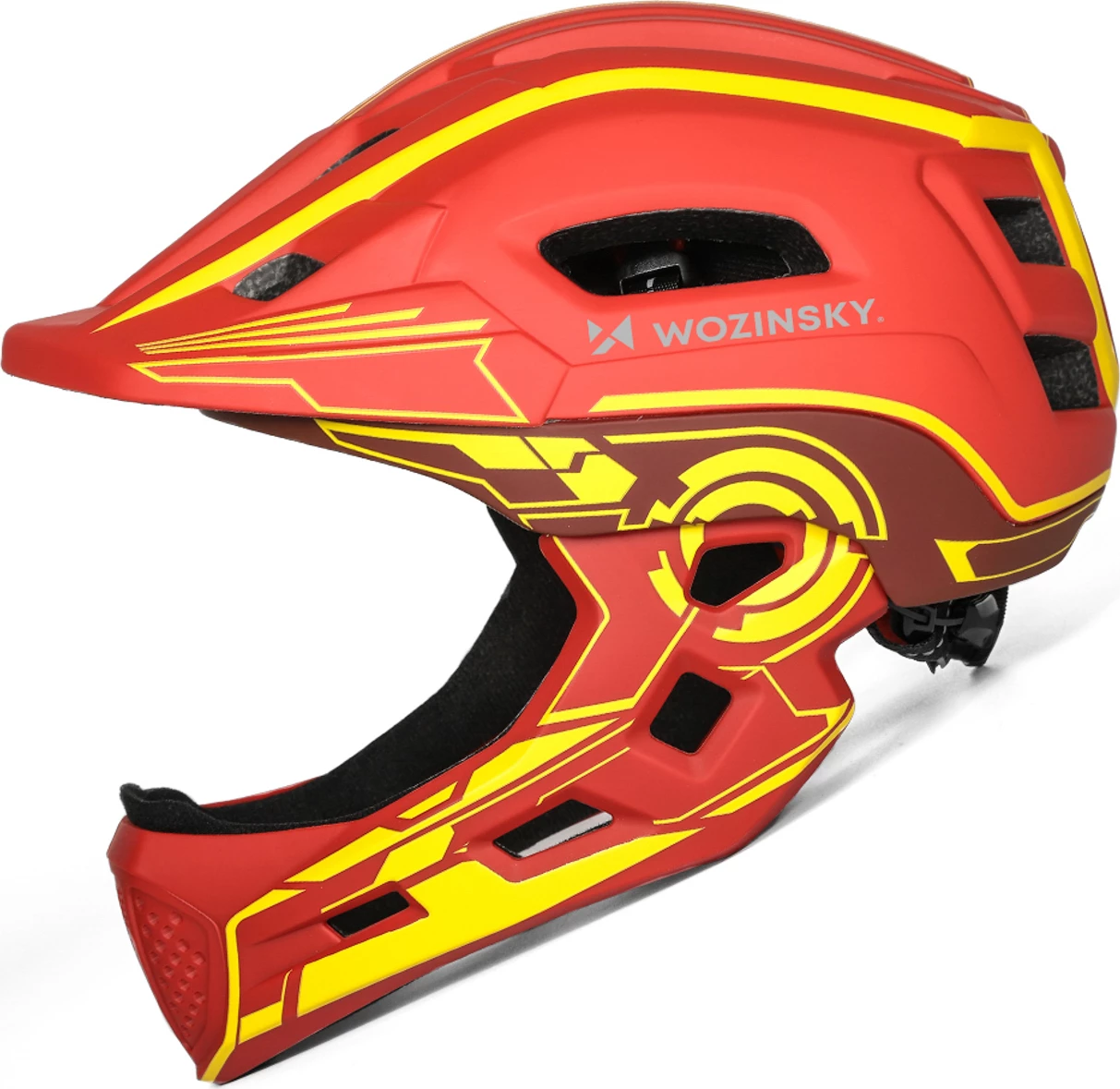 Helmetë biçiklete full-face për fëmijë, Wozinsky HT-27CZ, S (52-56 cm), LED USB, e kuqe-verdhë