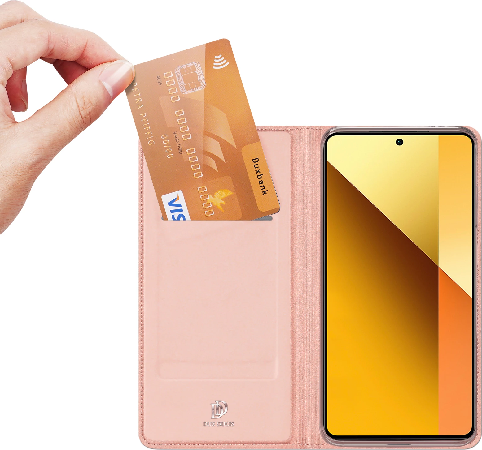 Mbështjellës Dux Ducis Skin Pro për Xiaomi Redmi Note 13 5G, me kapak dhe xhep për kartelë, Rozë