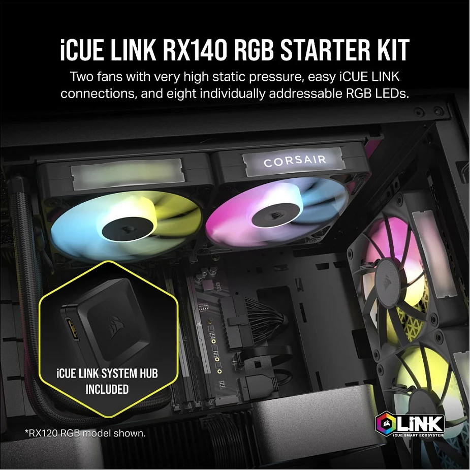 Ventilator për kasë Corsair RX140 RGB iCUE Link Dual Kit, 2x 140mm, PWM, i zi
