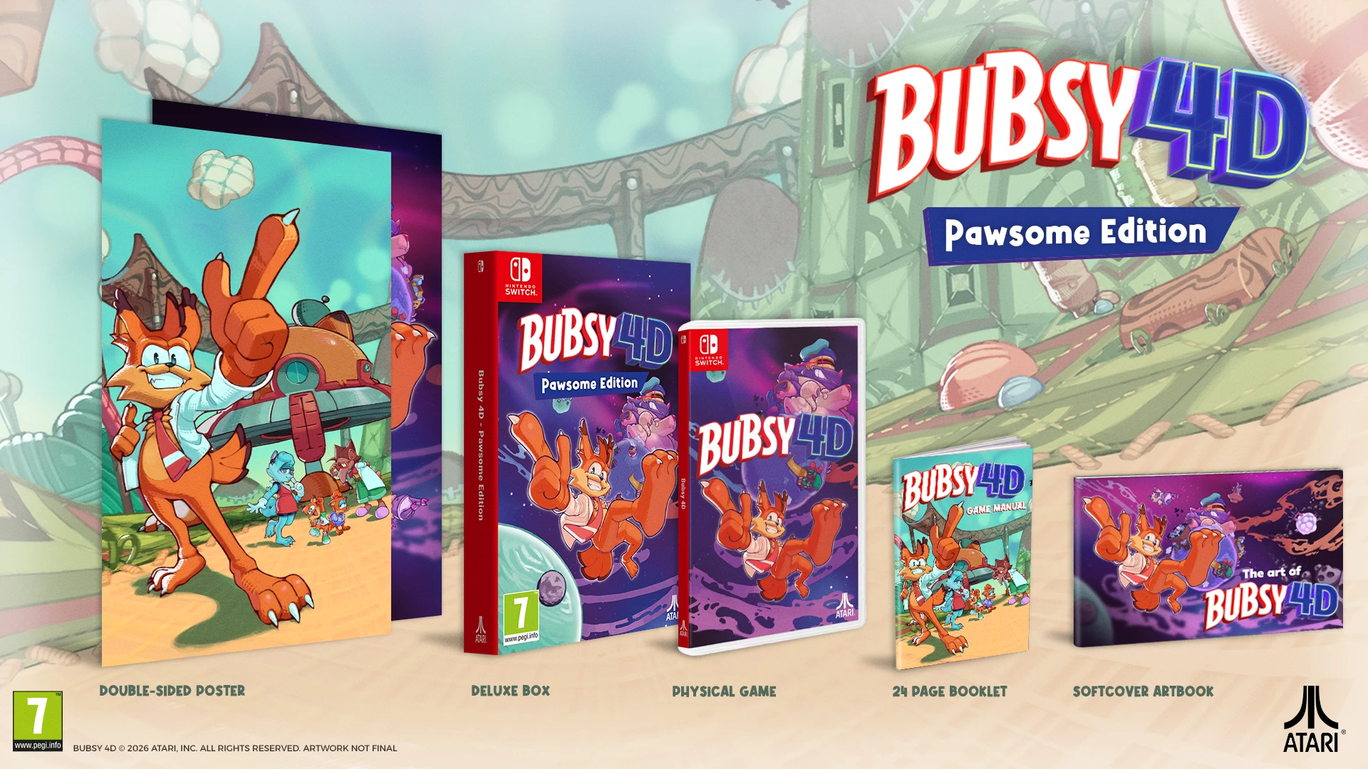 Video lojë, Atari, Bubsy 4D Pawsome Edition, Nintendo Switch, PEGI 7, me poster + manual/artbook