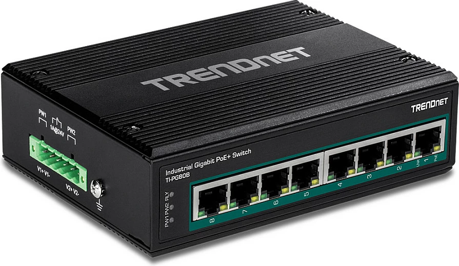 Switch industrial TRENDnet TI-PG80B, 8x Gigabit PoE+ (200W), DIN-rail/Wall, IP30, i zi