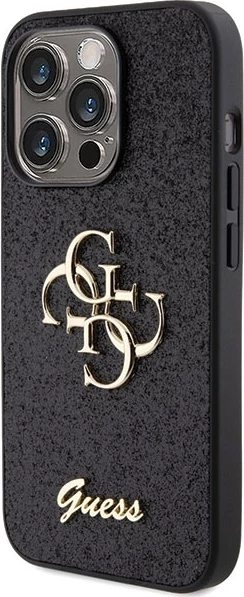 Mbështjellës Guess Glitter Script Big 4G për iPhone 15 Pro, i zi