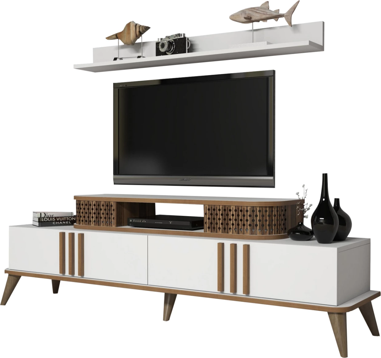 Mobilje TV kombo FH9515.03 melaminë, ngjyrë e bardhë dhe arre, 168x39x51.6Hcm