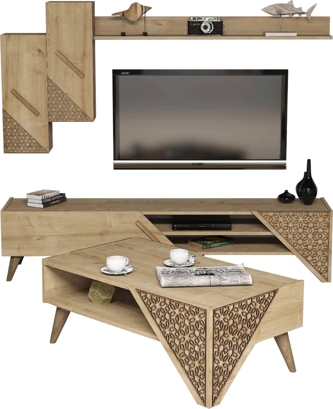 Kompozim për dhomë ndeje FH11849.01 2 pjesë melaminë në ngjyrë lisi natyral