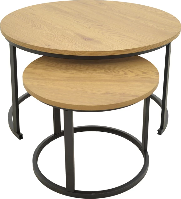 Set tavolinash kafeje Revelon, MDF, ngjyrë lisi, këmbë të zeza