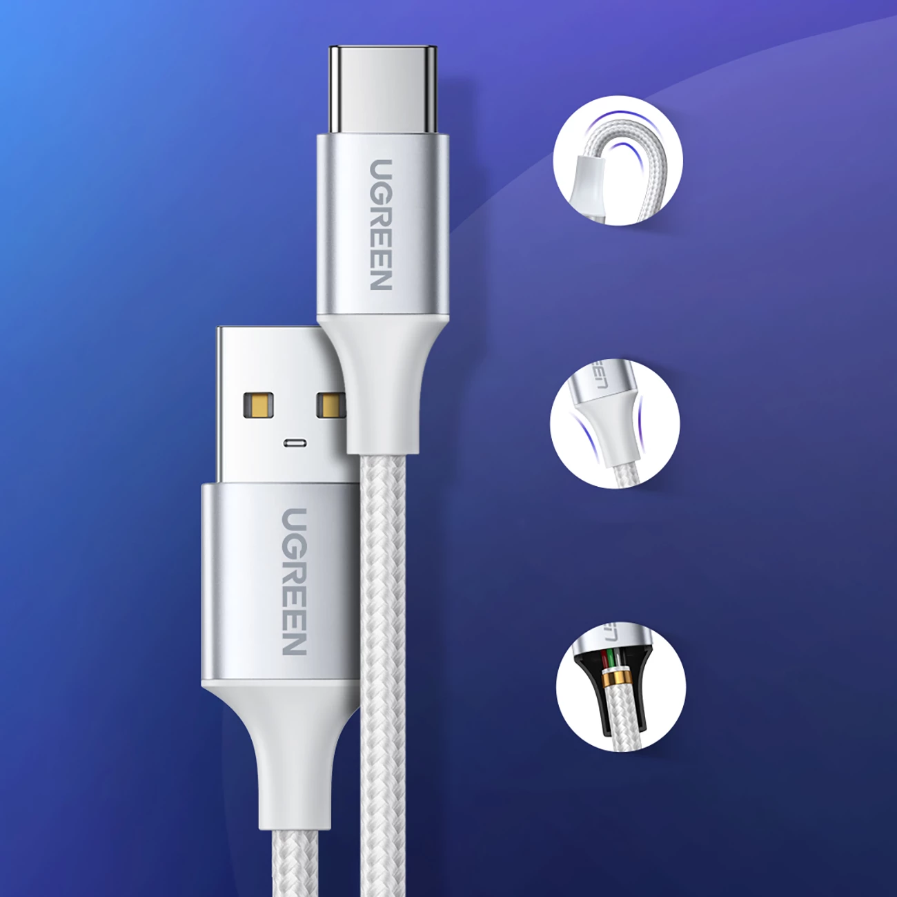 Kabllo Ugreen US288 60132, USB-A në USB-C, 1.5m, QC 3.0, E bardhë