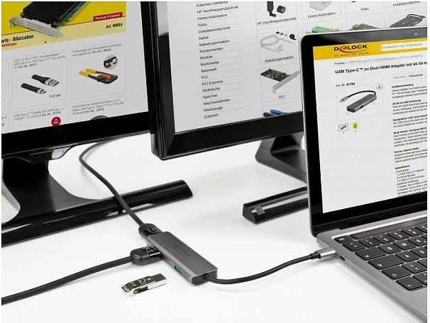 Adapter USB-C DeLOCK Dual HDMI 4K 60Hz me USB-A, USB 3.2 Gen1, gri