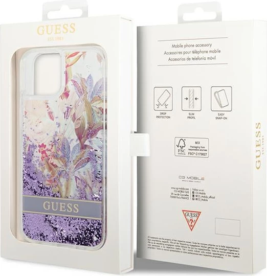 Mbështjellës Guess GUHCP14MLFLSU për iPhone 14 Plus, Flower Liquid Glitter, vjollcë