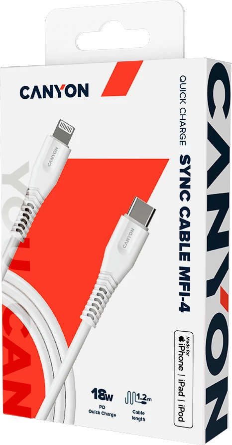 Kabllo USB Type-C në Lightning CANYON MFI-4 1.2 m 18W, e bardhë