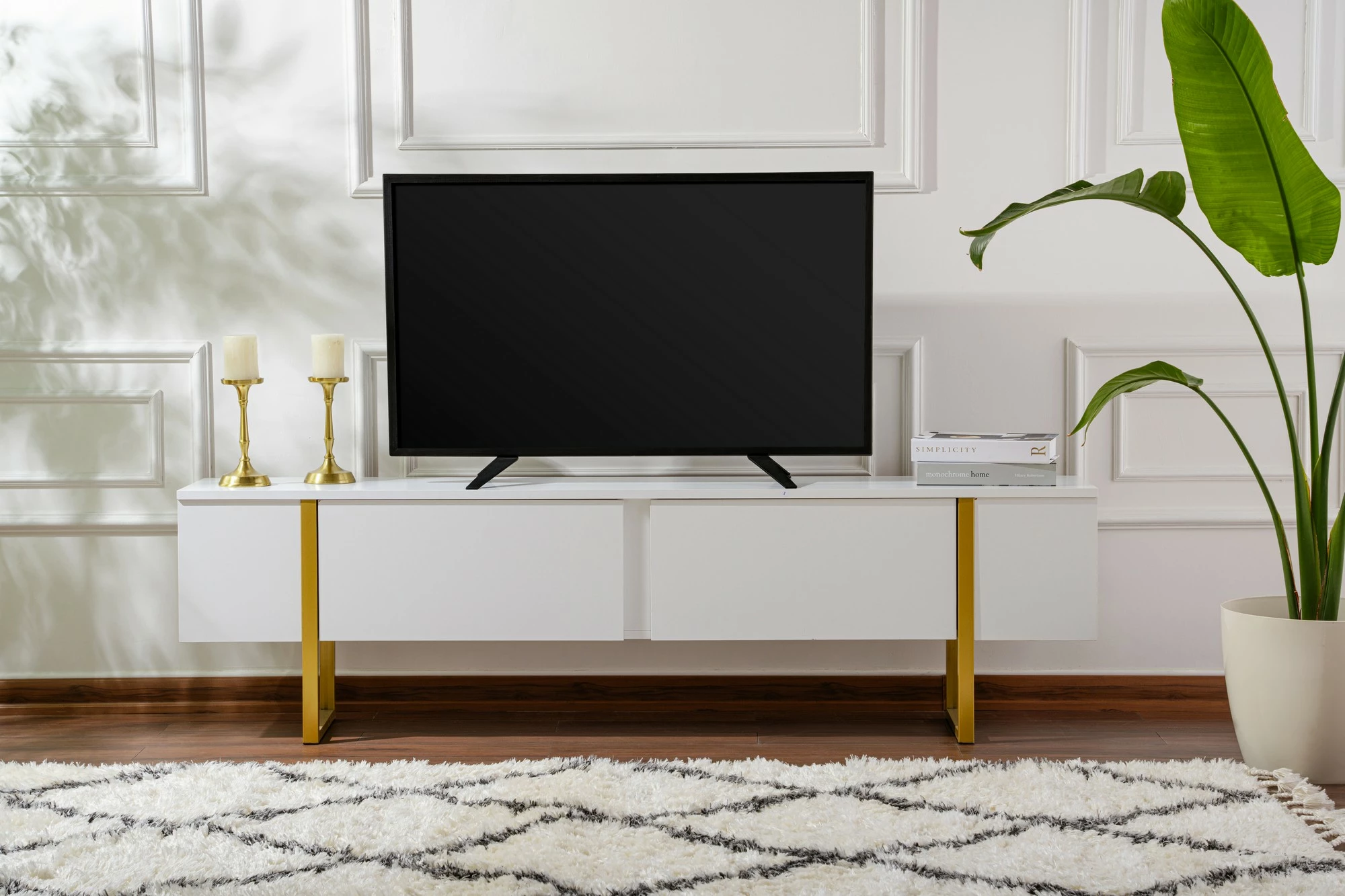 Komodë TV Nordure, Serenity, e bardhë dhe ari