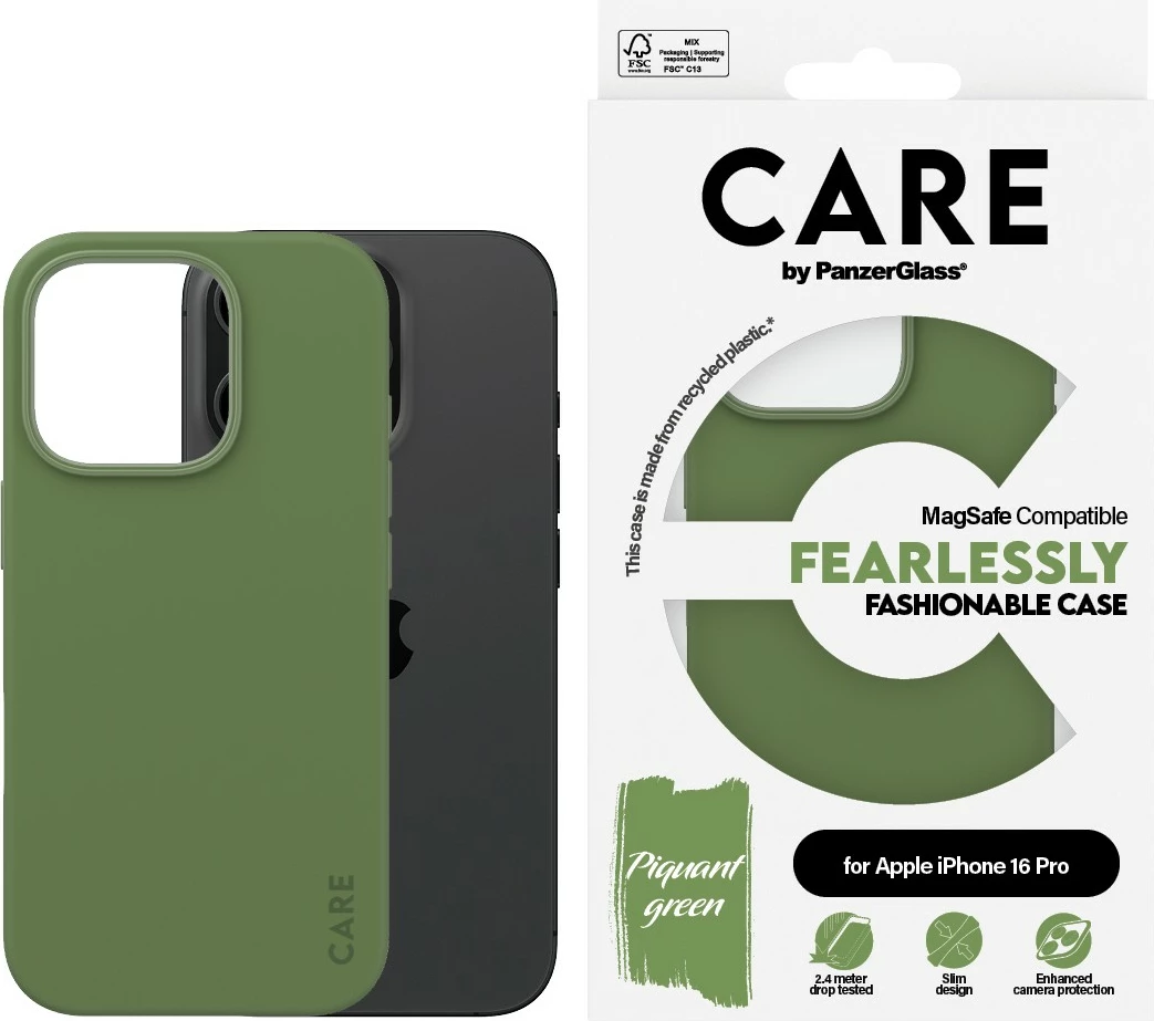 Mbështjellës PanzerGlass CARE Case MagSAFE për iPhone 16 Pro, e gjelbër