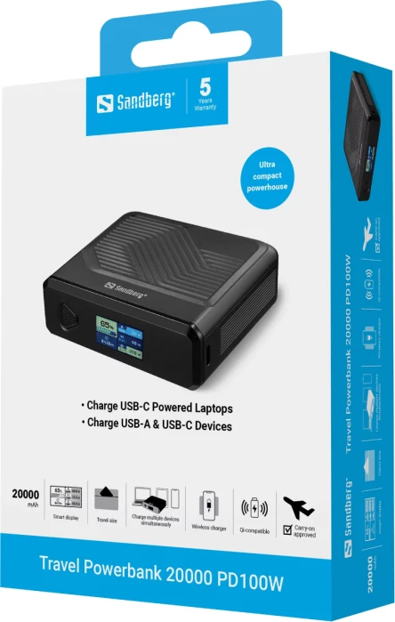 Powerbank Sandberg Travel 421-25 20000mAh PD100W me karikim pa kabllo, e zezë