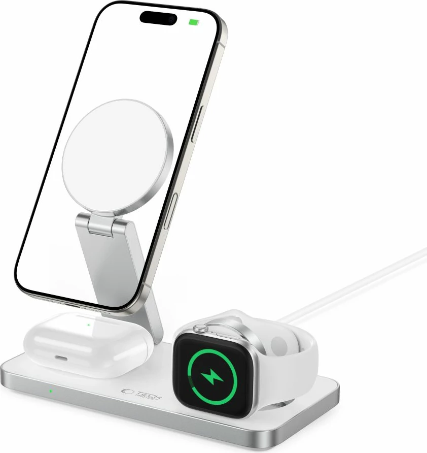 Karikues induktiv 3-në-1 Tech-Protect QI15W-A47 me MagSafe, USB-C, Bardhë
