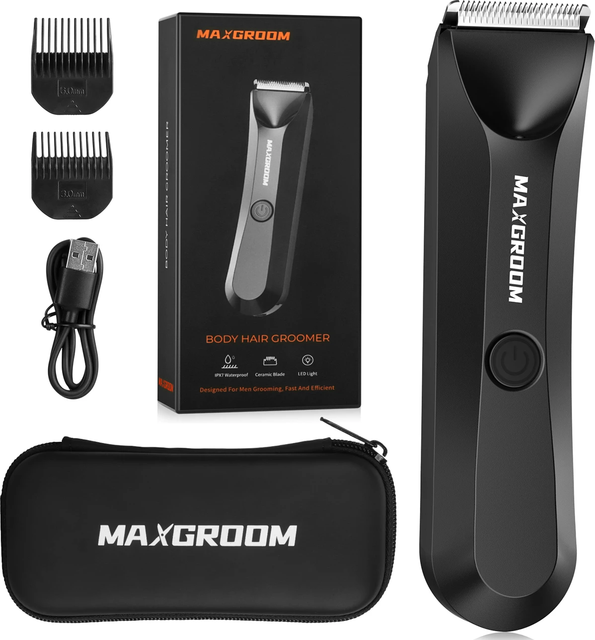 Makinë rroje MAXGROOM RFCD-9087, LED, IPX7, USB-C, 600mAh, set me krehra 3mm/5mm + çantë, e zezë