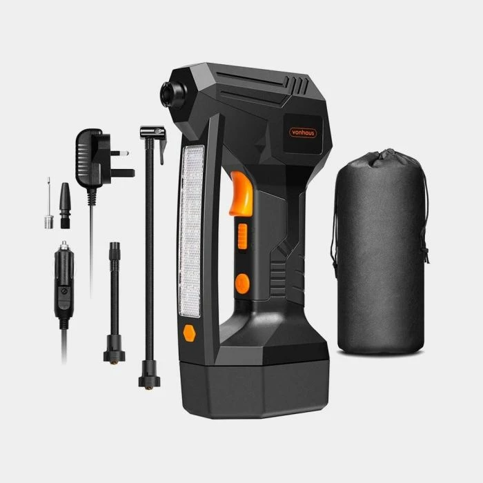 Inflator gomash VONHAUS 3500001 12V, bateri Li-ion 1500mAh, manometër digjital LCD, LED, i zi/portokalli, set me aksesorë