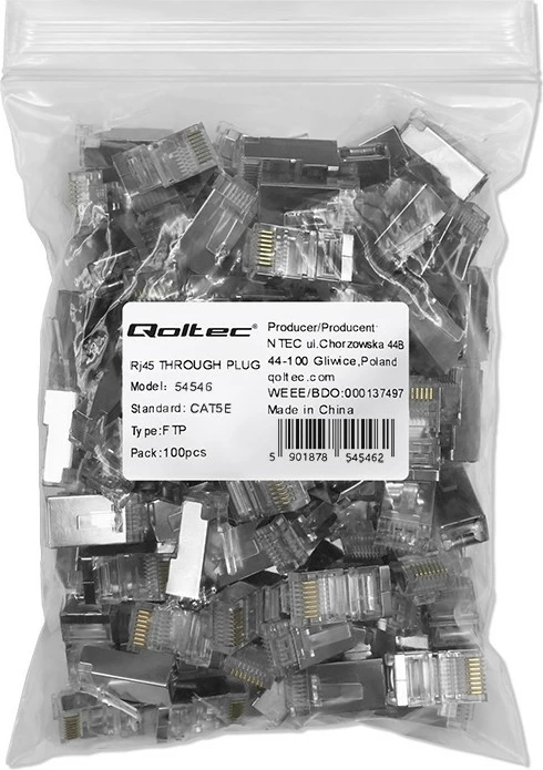 Set lidhës RJ45 Qoltec 54546, pass-through, për kabllo FTP Cat5e, 100 copë