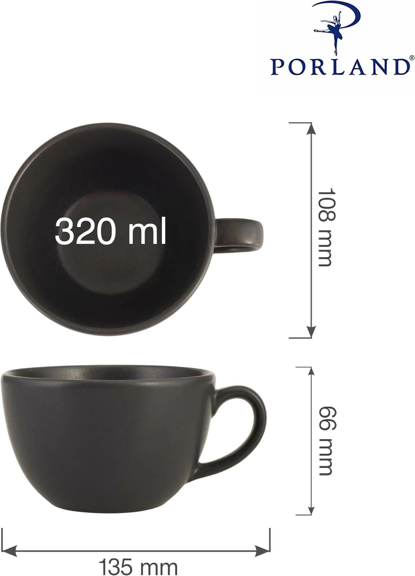 Filxhan porcelani Porland Seasons Coal 320 ml, i zi, set 6 copë