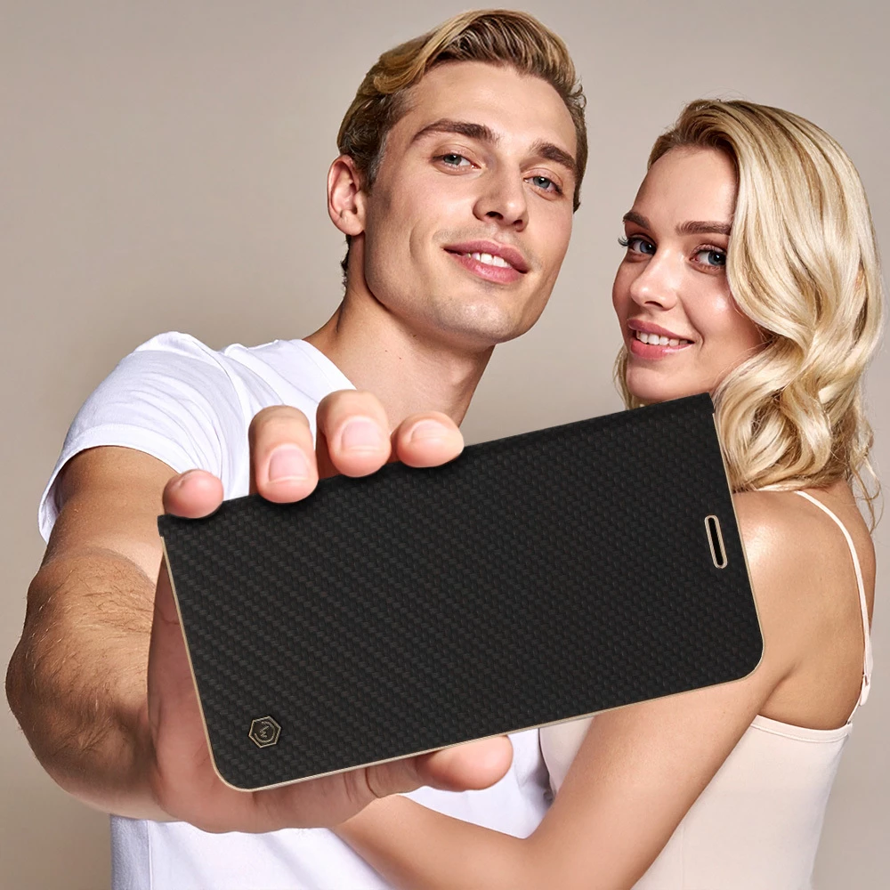 Mbështjellës flip HAVANA Premium 23611 për Samsung Galaxy S25 5G, me stand, magnet të fshehtë, xhep karte, Carbon Black me skaj Gold