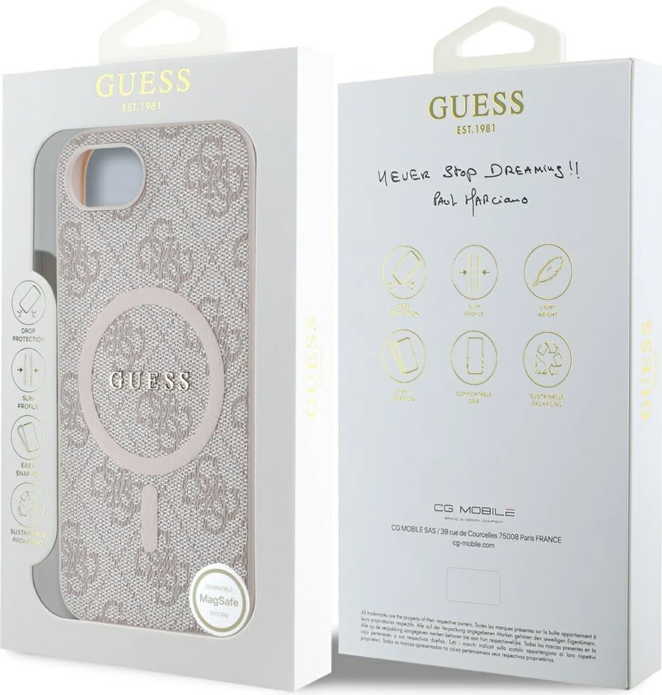 Mbështjellës Guess 4G Ring Classic Logo MagSafe për iPhone 16e, Rozë