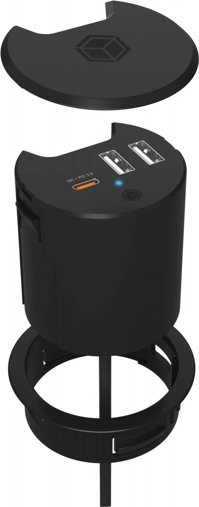 Karikues tavoline IcyBox IB-HUB1407 me 3 porta USB, 2x USB-A, 1x USB-C, 60mm, Zi