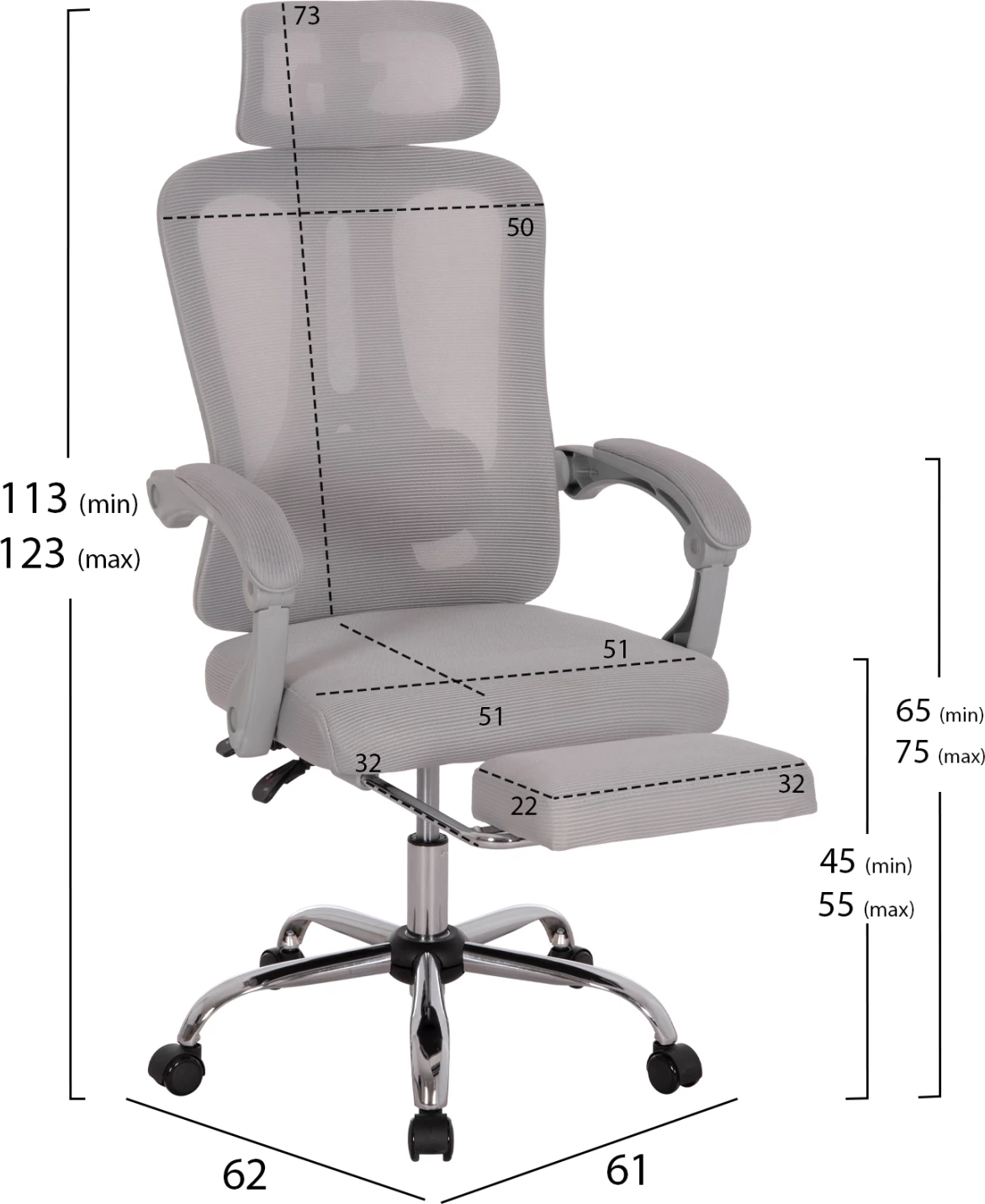Karrige zyre BARNET, rrjetë gri, kornizë najloni gri, FH18258.02, 61x62x123cm