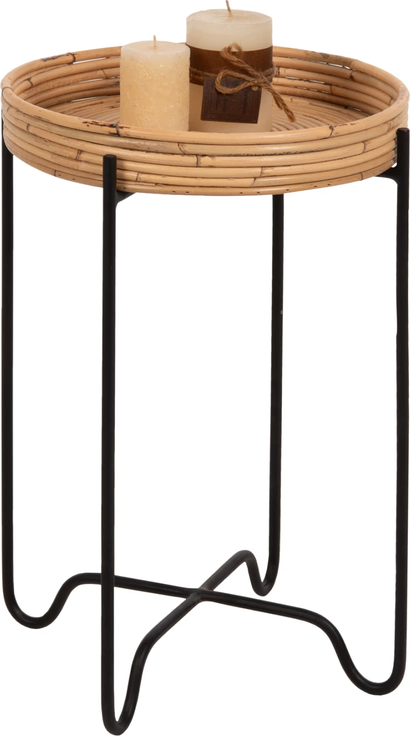 Tavolinë anësore e rrumbullakët FLY, ratan natyral, bazë metalike e zezë, FH7905, Φ32x48H cm