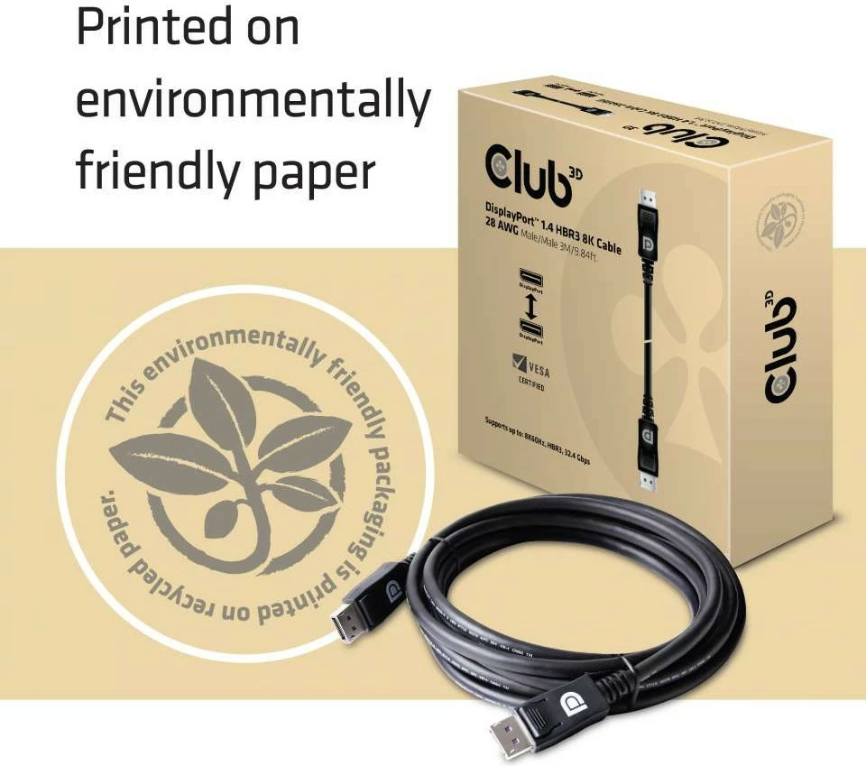 Kabllo DisplayPort Club3D 1.4, 3m, 32.4Gb/s, e zezë