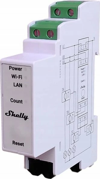 Matës energjie Shelly Pro 3EM CT63 1/3-fazor, DIN-rail, Wi‑Fi/LAN/Bluetooth, 3x CT 63A, i bardhë