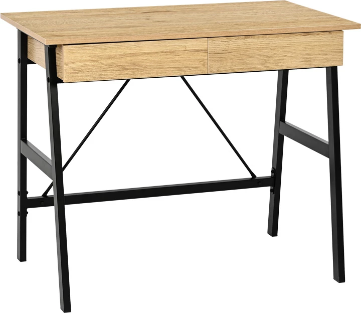 Tavolinë pune me sirtarë, ngjyrë lisi, këmbë metalike të zeza, Lione, 90x50x75cm