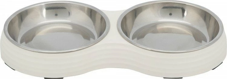 Set tasash ushqimi dhe uji për mace Trixie TX-25187 2x200 ml Ø13 cm, bazë melamine me tasa inox, bardhë