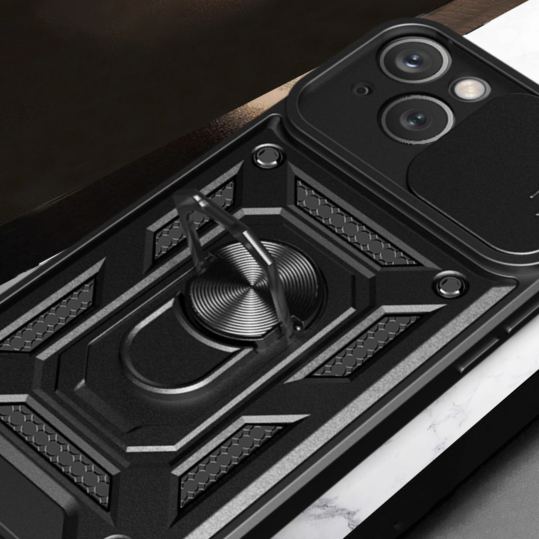 Mbështjellës Hurtel Hybrid Armor Camshield me mbajtëse dhe mbulesë kamere për iPhone 15 Plus, Zi