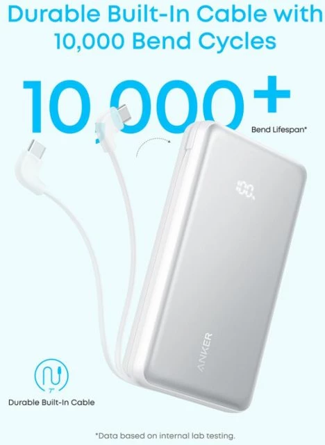 Powerbank Anker Zolo A110E 20000 mAh 22.5W me kabllo USB-C të integrume, e zezë