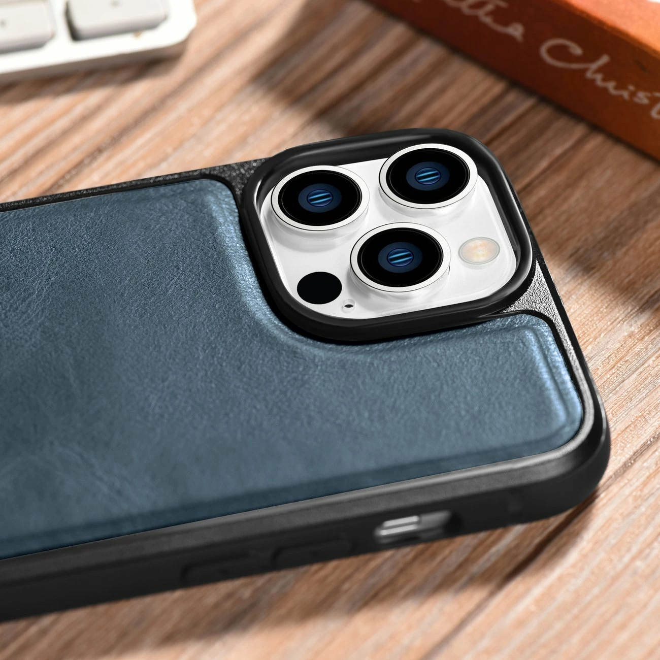 Mbështjellës iCarer për iPhone 14 Pro, lëkurë natyrale, Blu