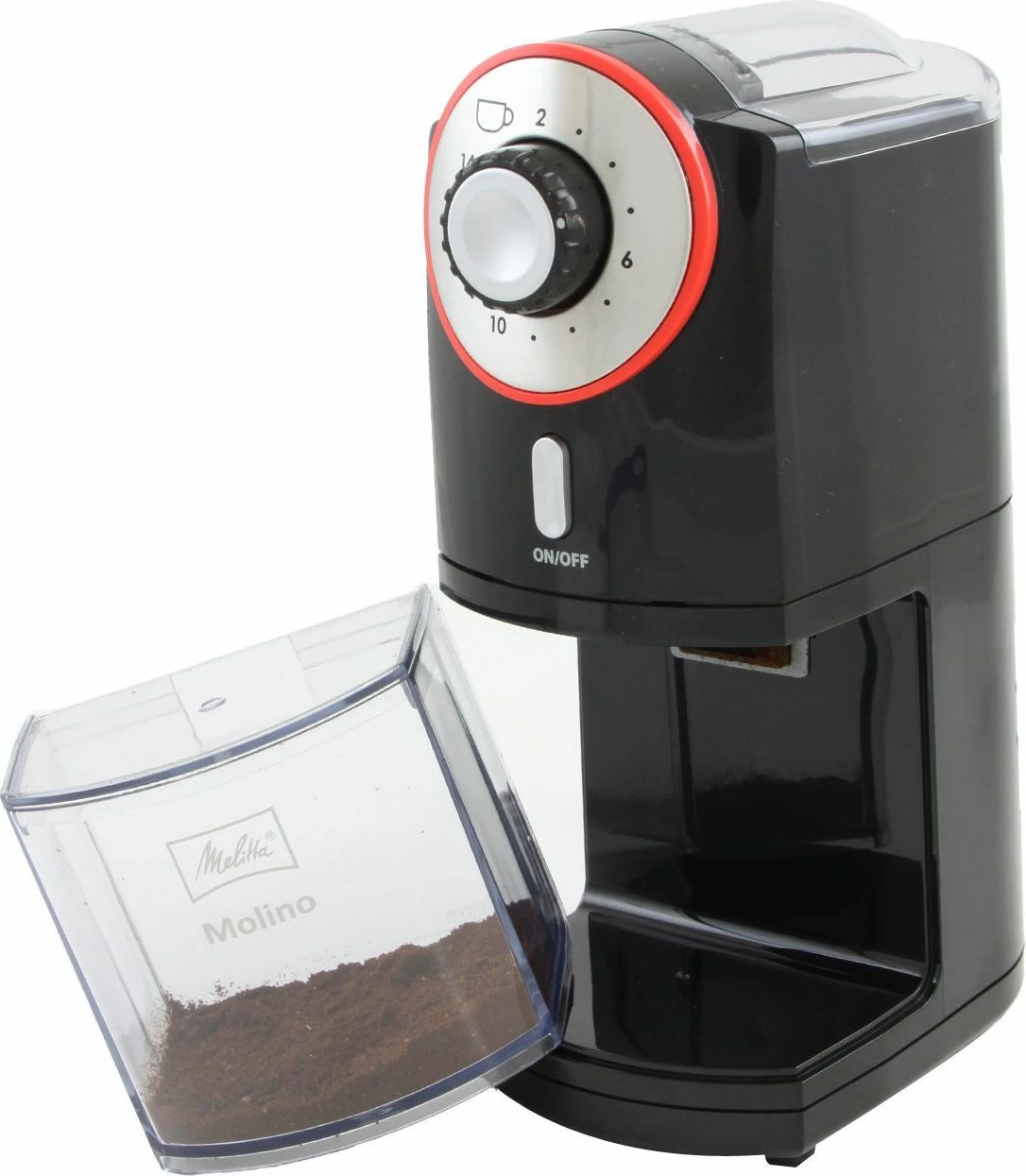 Mulli elektrik kafeje Melitta Molino 1019-01, 200 g, 17 nivele bluarjeje, 100 W, e zezë me detaje të kuqe