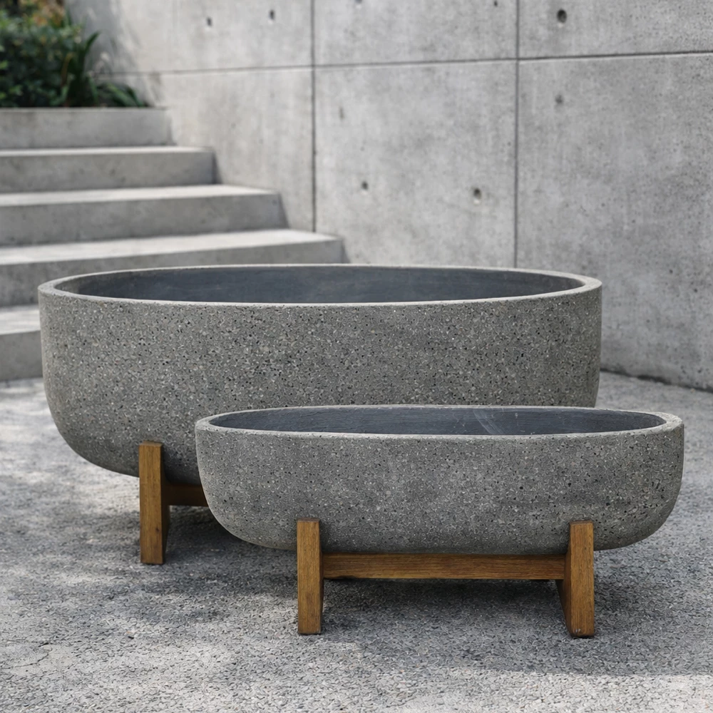 Set vazo Zinnia 2 copë, beton antracit, dru natyral, 75x24x32cm