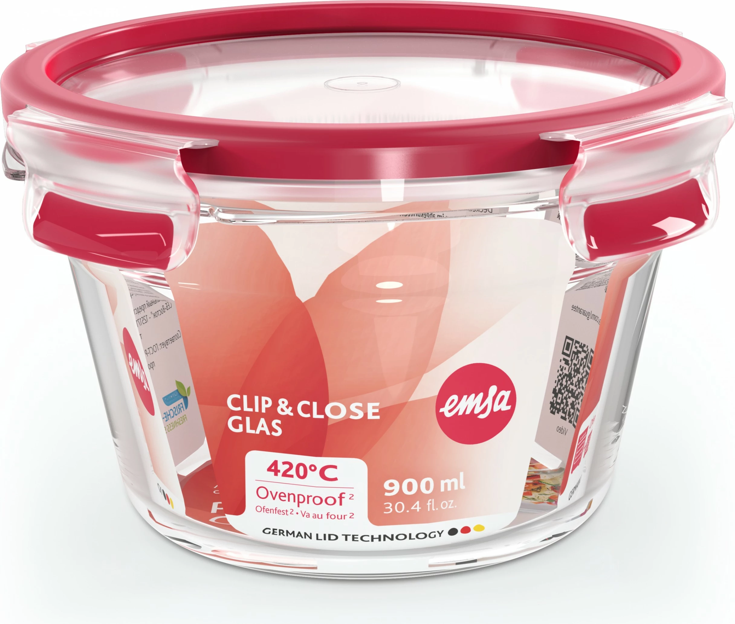 Enë qelqi Emsa N10404 Clip & Close 0.9L, kapak i kuq
