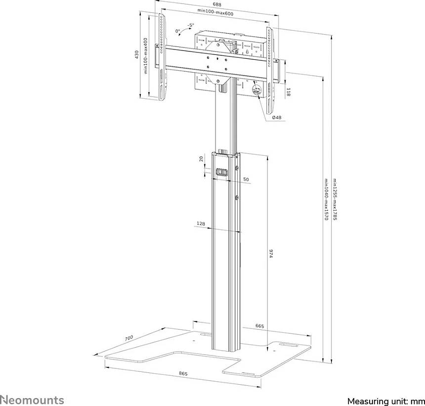 Stendë dyshemeje TV/monitor Neomounts FL45S-825BL1 MOVE Up, 37-75", VESA 600x400, 70 kg, e zezë