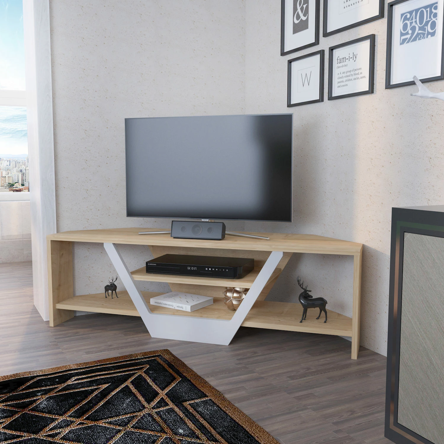 Komodë TV Hanah Home, Sares, ngjyrë lis dhe e bardhë