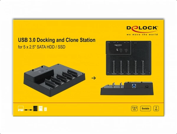 Docking stacion DeLOCK për 5x 2.5" SATA HDD/SSD, USB 3.2 Gen 1, funksion klonimi, i zi