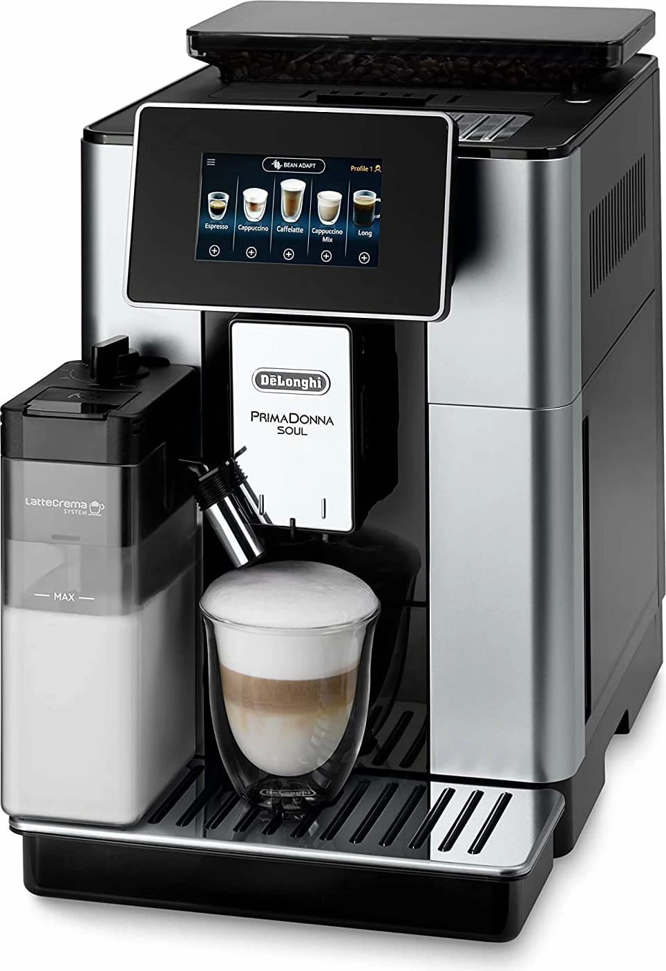 Makineri kafeje automatike, DeLonghi PrimaDonna Soul ECAM610.55.SB, 19 bar, rezervuar uji 2.2 L, kontejner kokrrash 500 g, ekran TFT me prekje, argjendtë