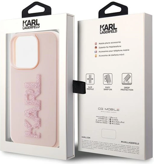 Mbështjellës Karl Lagerfeld 3D Rubber Glitter Logo për iPhone 15 Pro, rozë