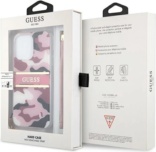 Mbështjellës Guess GUHCP13LKCABPI për iPhone 13/13 Pro 6.1", plastikë e fortë, kamuflazh, me varëse, rozë