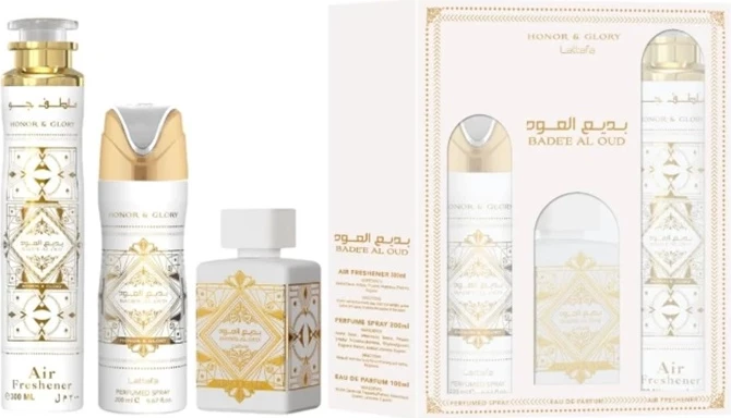 Set Eau de Parfum dhe deodorant Lattafa Bade'e Al Oud Honor & Glory, 100ml + 200ml + 300ml
