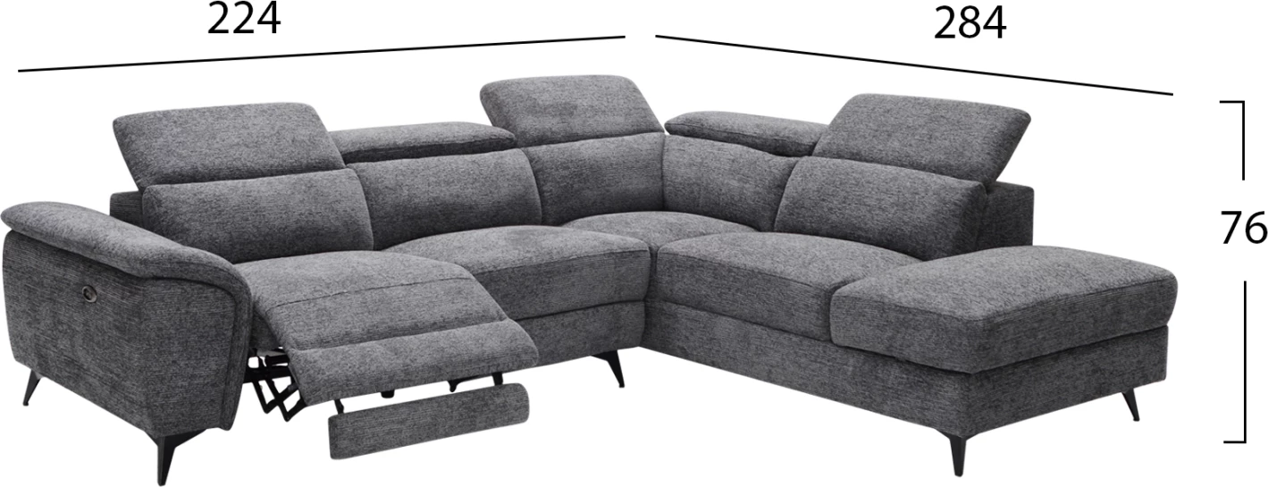 Këndare e djathtë RESTRO me recliner elektrik dhe hapësirë për depo, material gri, 284x224x76cm
